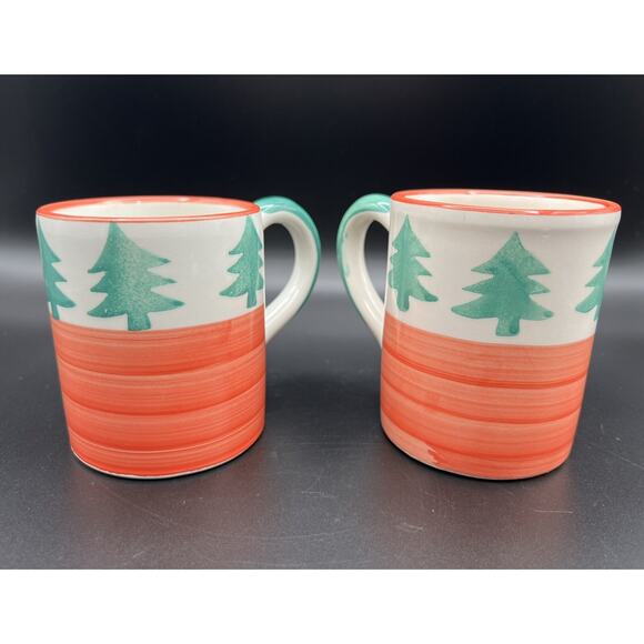 Pier 1 Hand Painted Christmas Tree 12oz Coffee Cup Mug Set of 2 Made in Italy - Picture 1 of 13